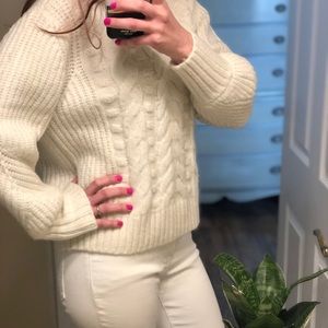 Creamy white cable knit fluffy sweater